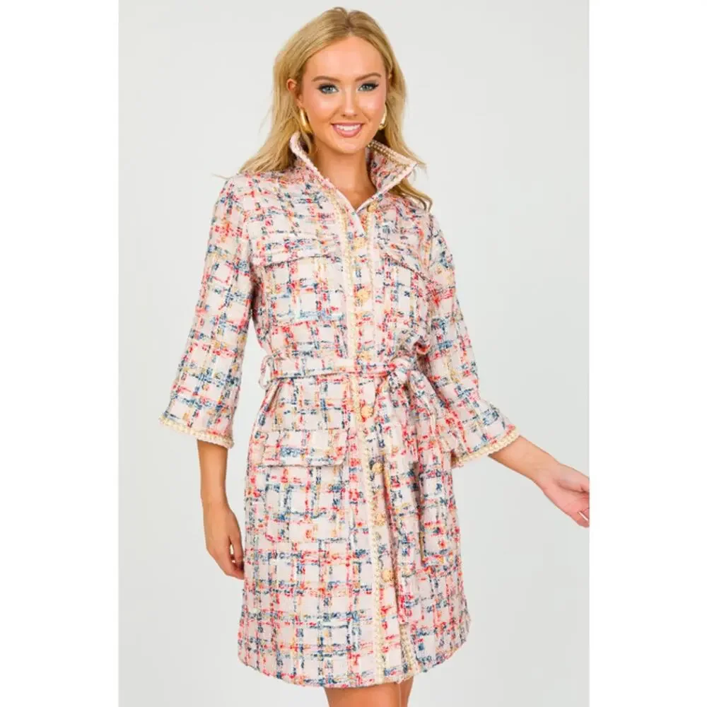 Easel Tweed Belted Shirt Dress/Coat, Teal Blush - Picture 3 of 11